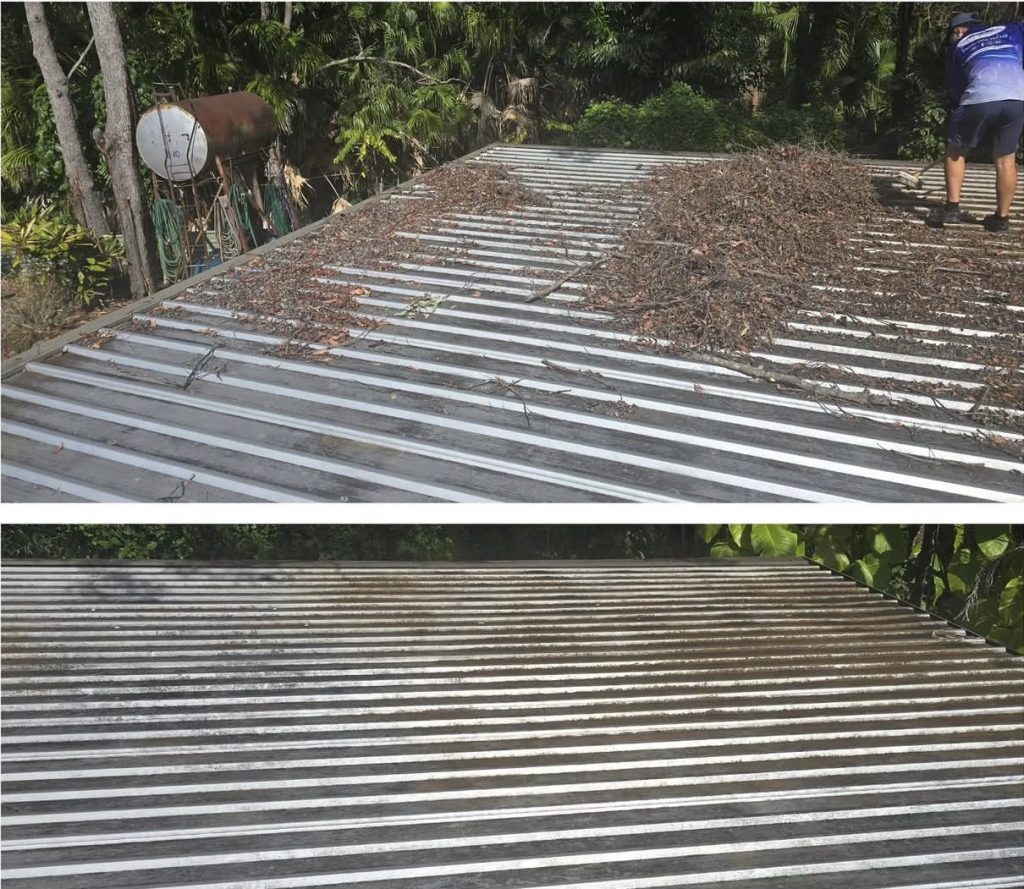 Before and after professional gutter cleaning completed by House Washing Heroes on a Brisbane home